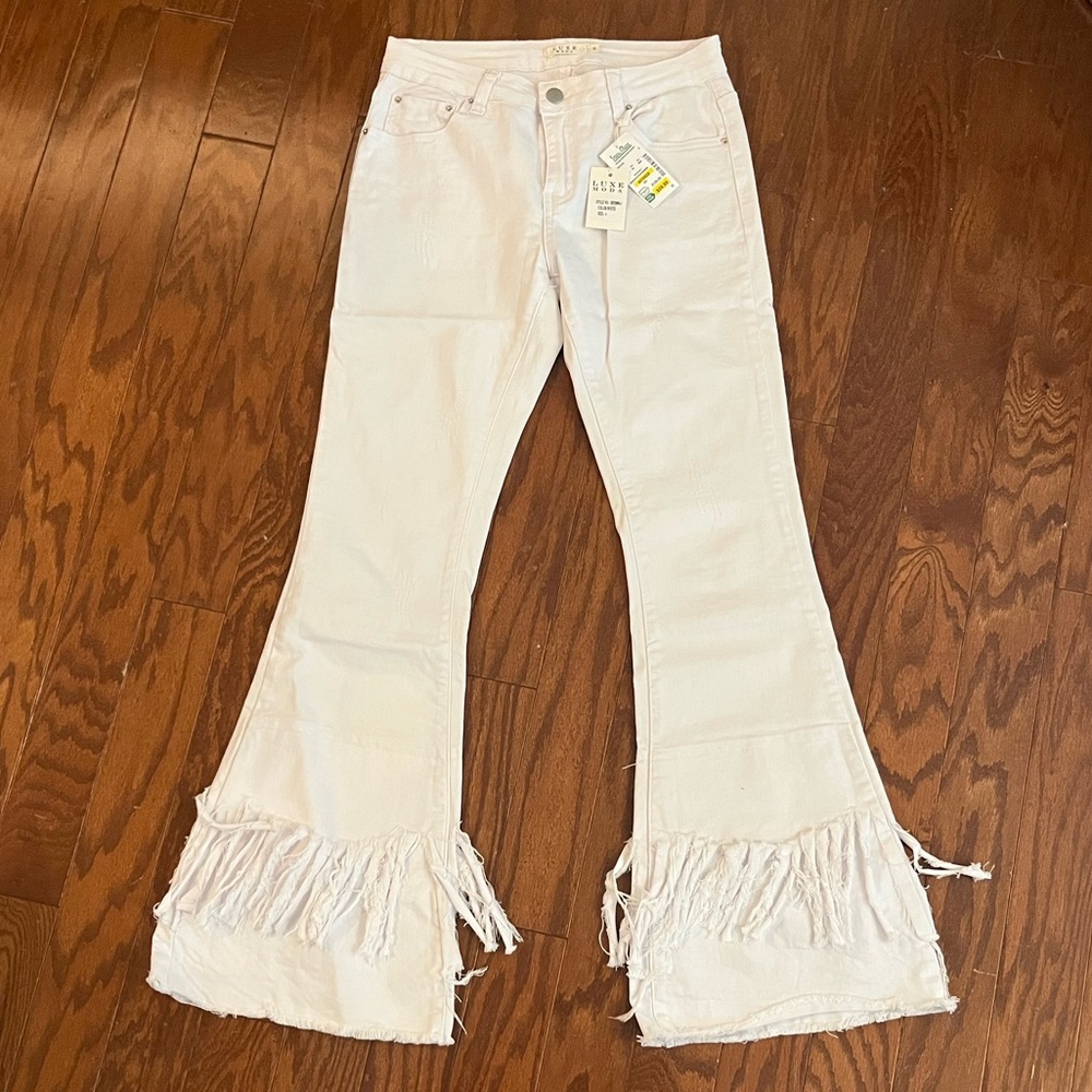 Moda Luxe White Fringe Flare Jeans